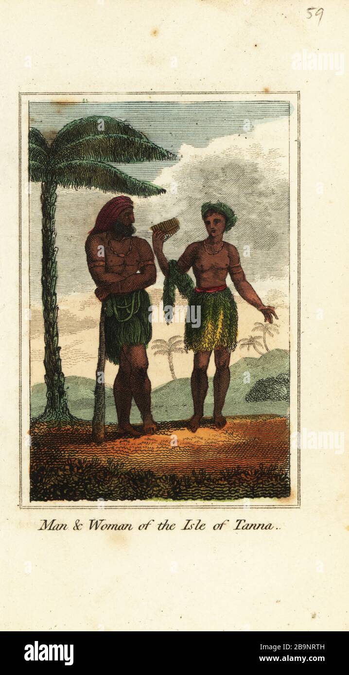 Homme et femme de l'île de Tanna, Vanuatu, 1818. Ils portent des jupes et colliers d'herbe, l'homme tient un cudgel et les panpipes de femme. Gravure en copperplate de couleur à la main de Mary Anne Venning un présent géographique étant des descriptions des principaux pays du monde, Darton, Harvey et Darton, Londres, 1818. Venning a écrit des livres éducatifs sur la géographie, la conchologie et la minéralogie au début du XIXe siècle. Banque D'Images