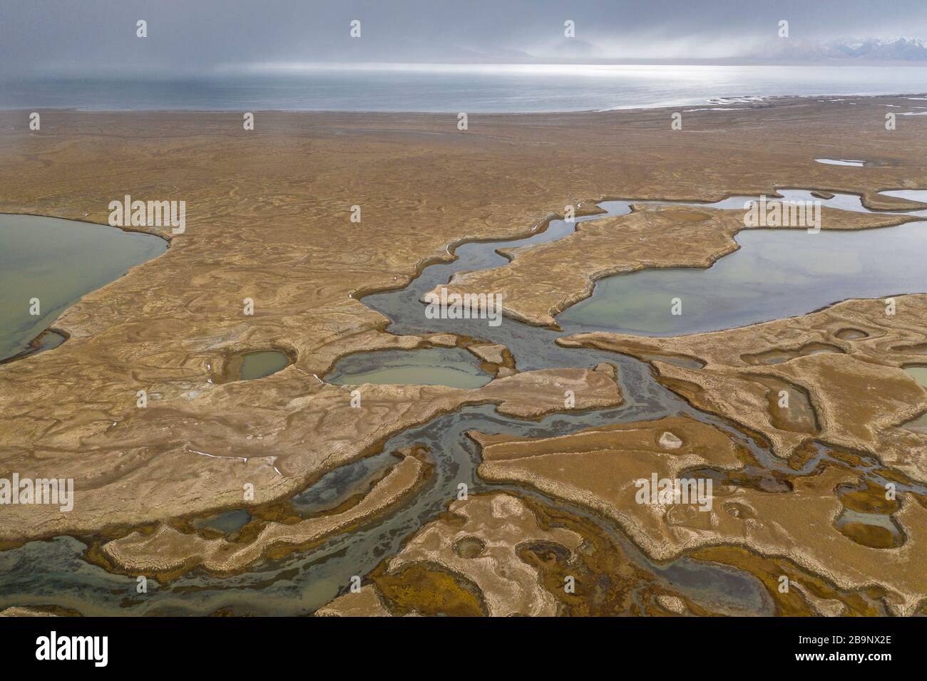 Schémas aériens abstraits des zones humides près du lac Chatyr-Kul au Kirghizstan. La Convention de Ramsar sur les zones humides d'importance internationale, en particulier A Banque D'Images