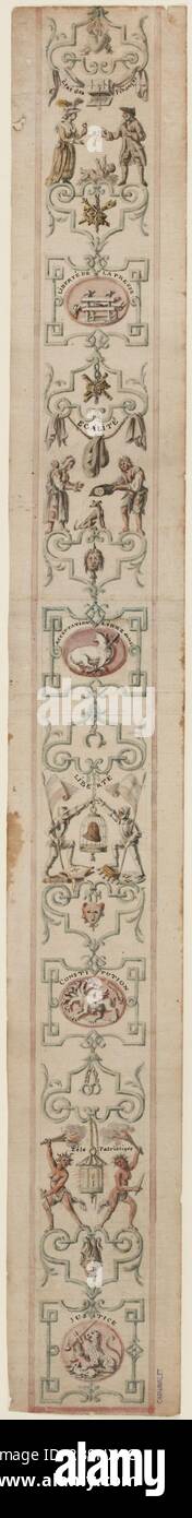 Décor symbolique de la Frise contre-révolutionnaire, avec des personnages en cartouches : condition financière, liberté de la presse, égalité, libre acceptation de la Constitution, liberté, constitution, zèle patriotique et justice. Banque D'Images