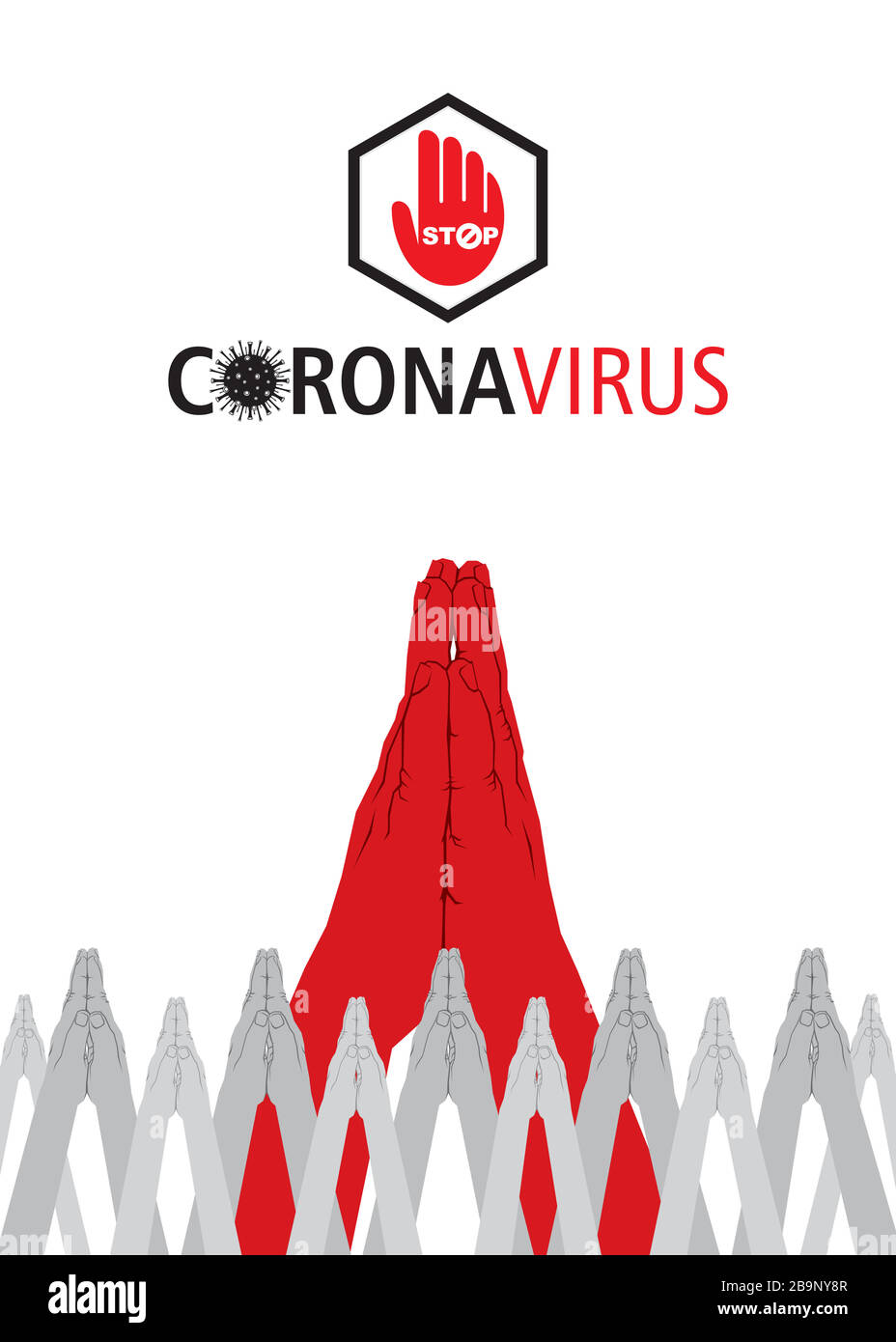 Icône de coronavirus avec signe d'interdiction de la main rouge, 2019-nCoV Novel Coronavirus bactérie. Arrêter les concepts de Coronavirus. Dire namaste Illustration de Vecteur