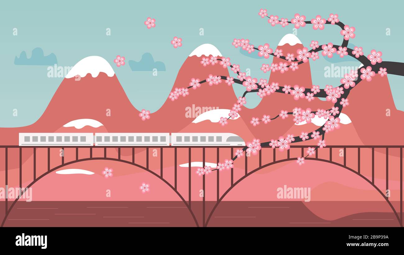 Paysage japonais scène au printemps avec un cerisier rose et train rapide moderne sur un pont et des montagnes avec neige en arrière-plan. Illustration de Vecteur