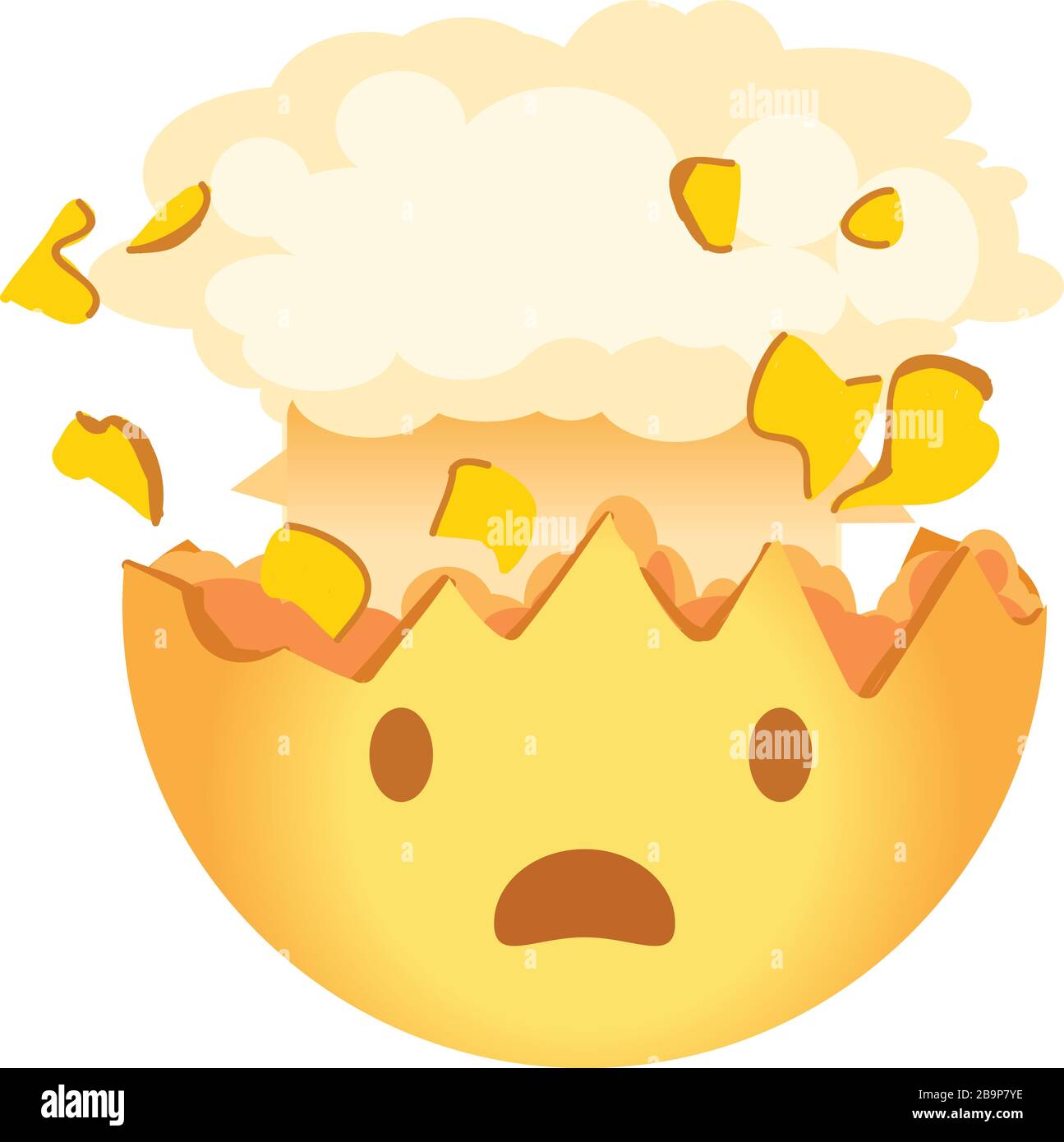 Émoji choqué. Eclater l'émoticône de la tête. Un visage jaune avec une bouche ouverte et le haut de sa tête explosant sous la forme d'un nuage de champignons semblable au cerveau Illustration de Vecteur