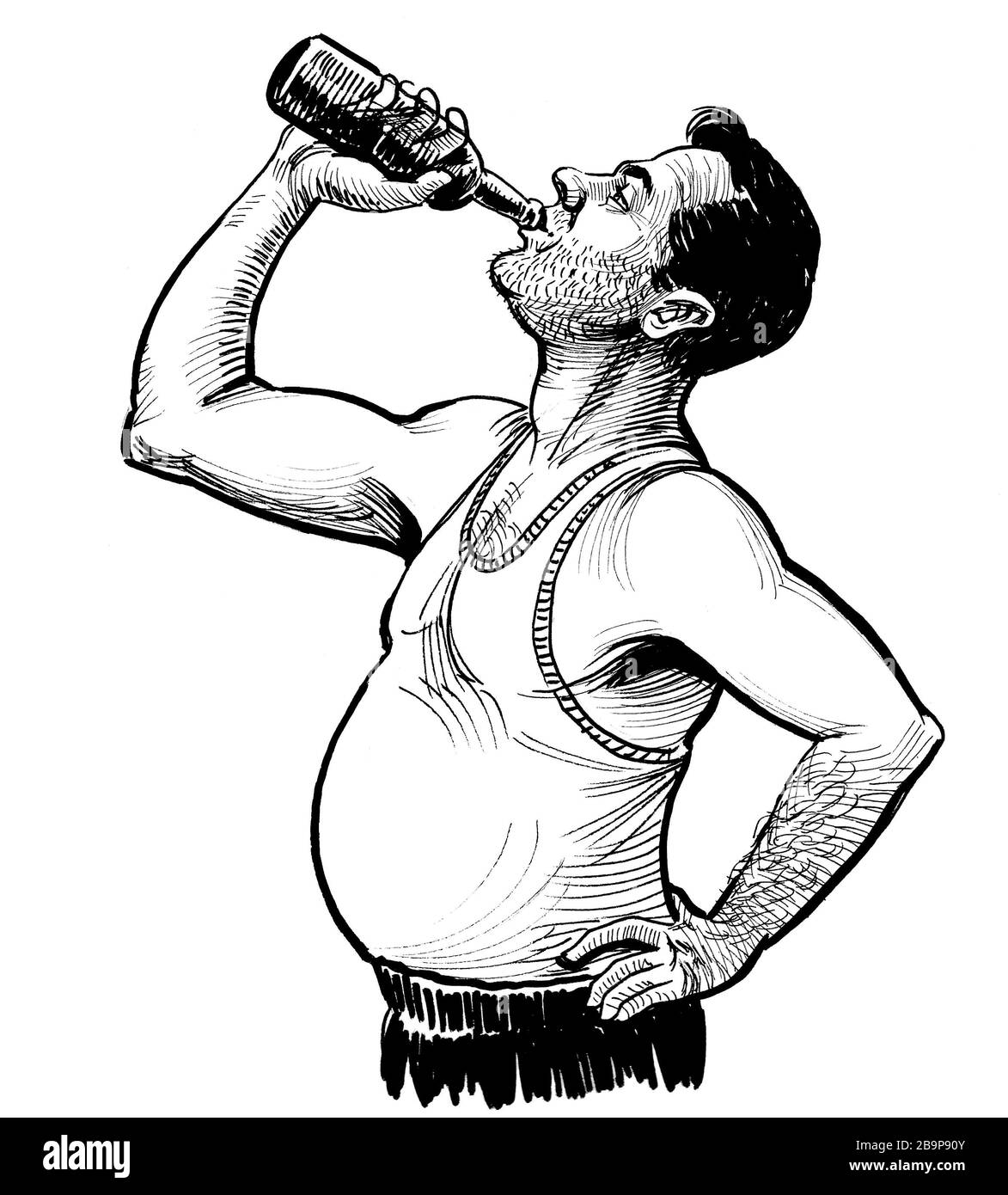 Un alcoolique buvant de la bière de la bouteille. Encre dessin noir et  blanc Photo Stock - Alamy