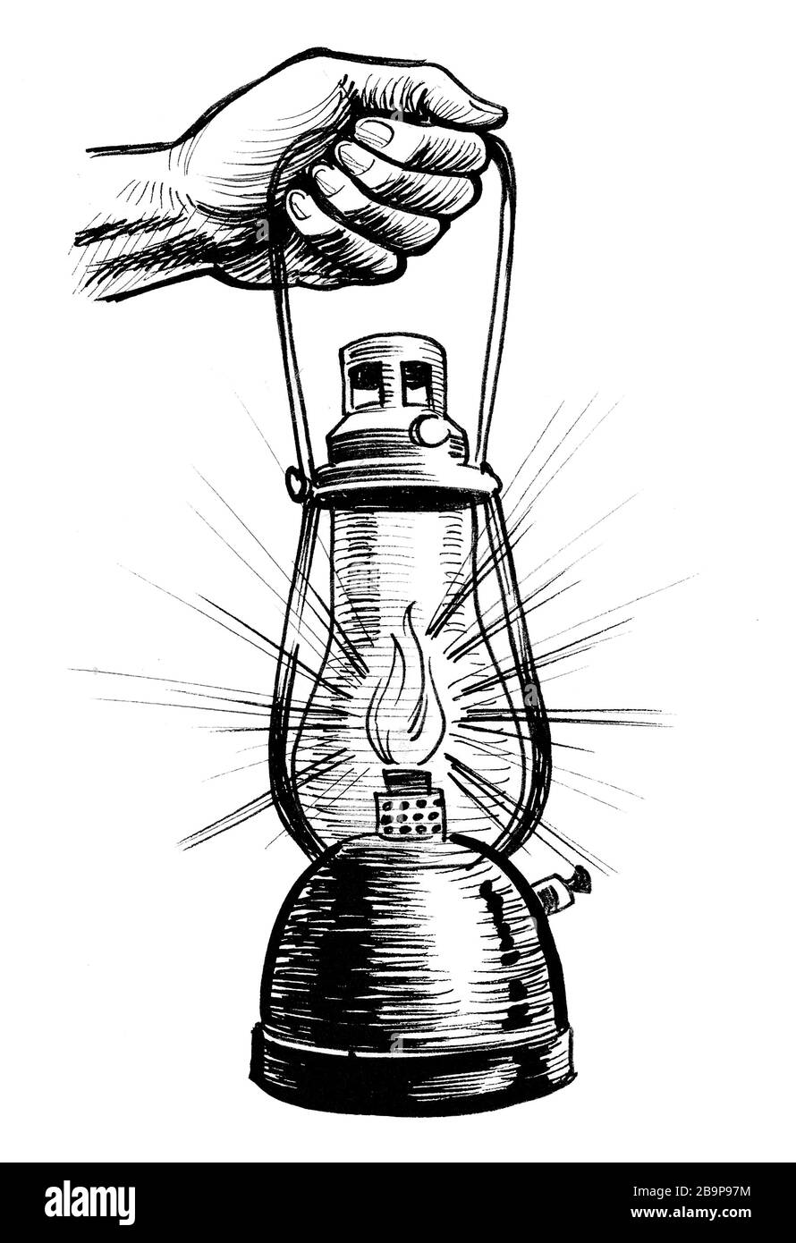 Main tenant une lanterne. Dessin noir et blanc Encre Photo Stock - Alamy