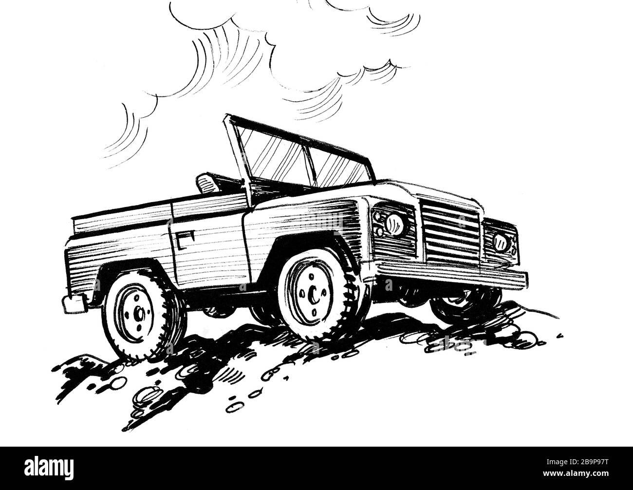 Véhicule tout-terrain sur les rochers. Encre dessin noir et blanc Banque D'Images