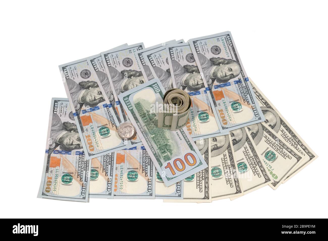Cent dollars et pièces américains. Banque D'Images