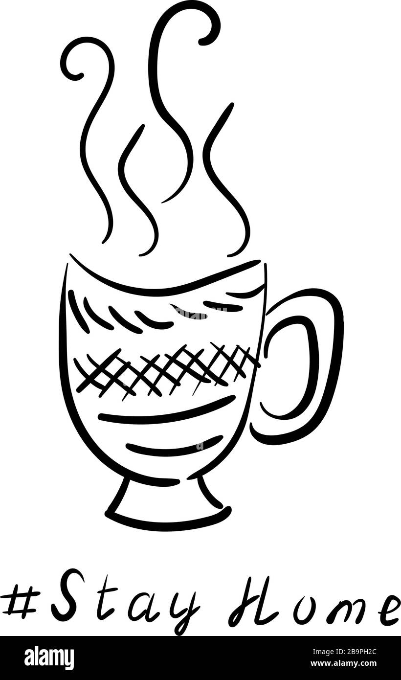Une tasse de thé, de café et de branches de plantes. Illustration d'esquisse linéaire vectorielle. Affiche de coronavirus. Restez à la maison Illustration de Vecteur