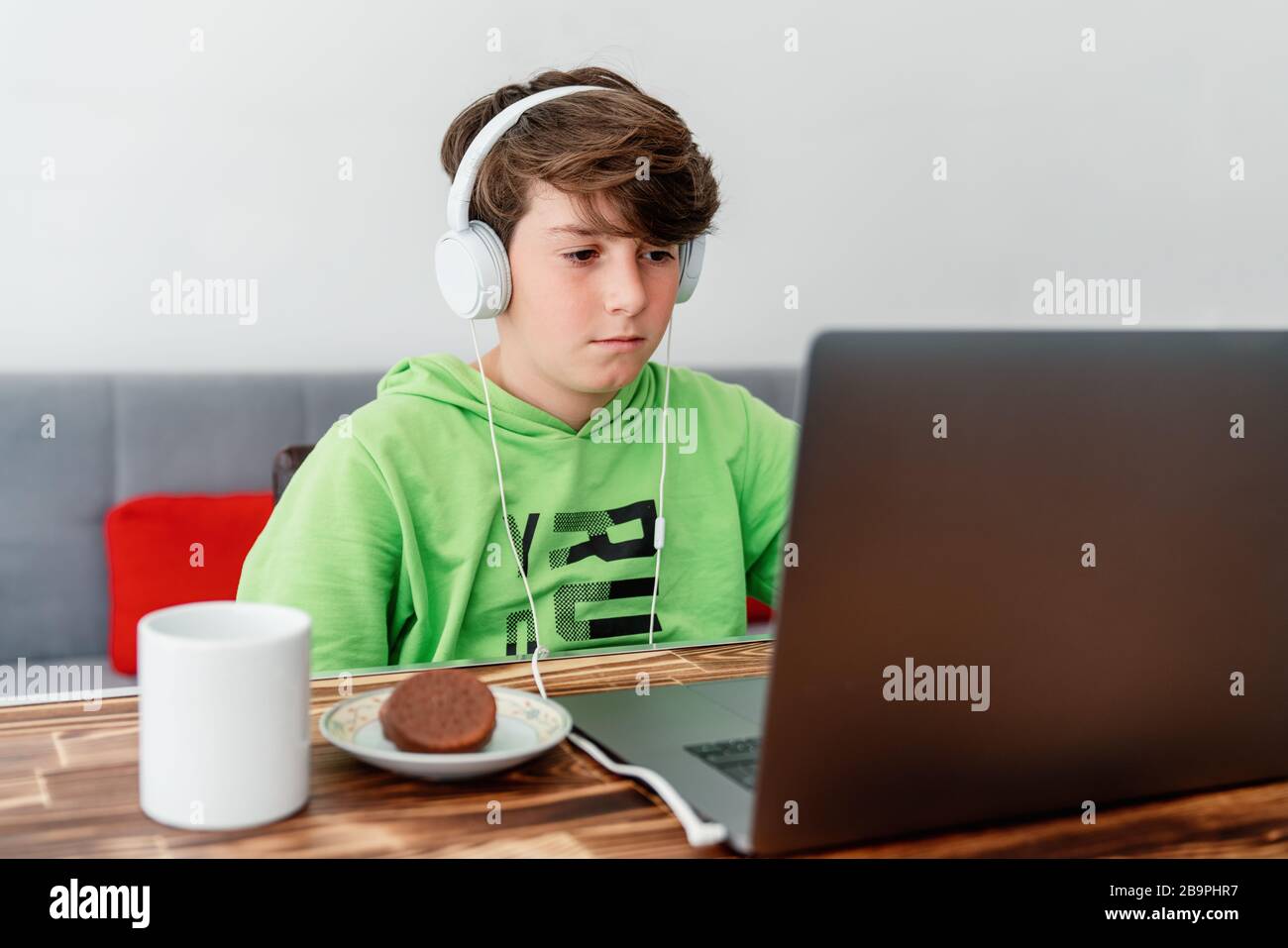 Jeune garçon étudie devant l'ordinateur portable. E apprentissage, étude à la maison en ligne Banque D'Images