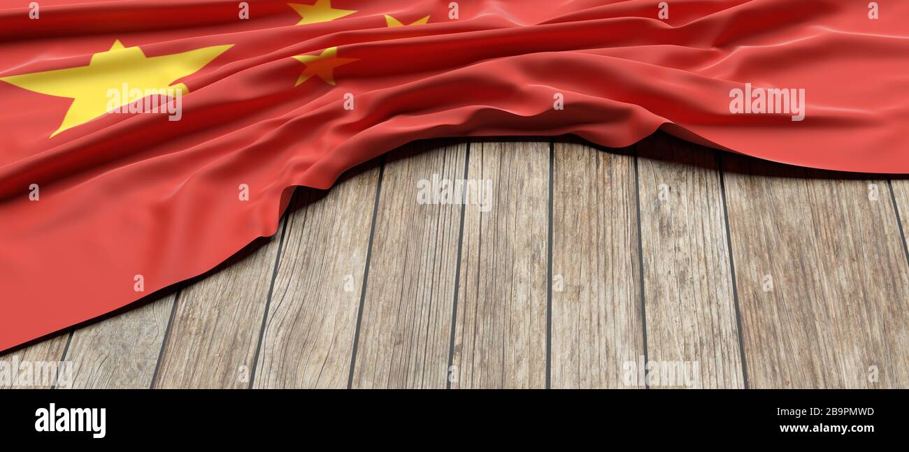 Drapeau de la Chine. Symbole chinois placé sur fond de table en bois. Chine nation, langue, concept culturel, espace de copie, maquette de modèle. illustrati Banque D'Images