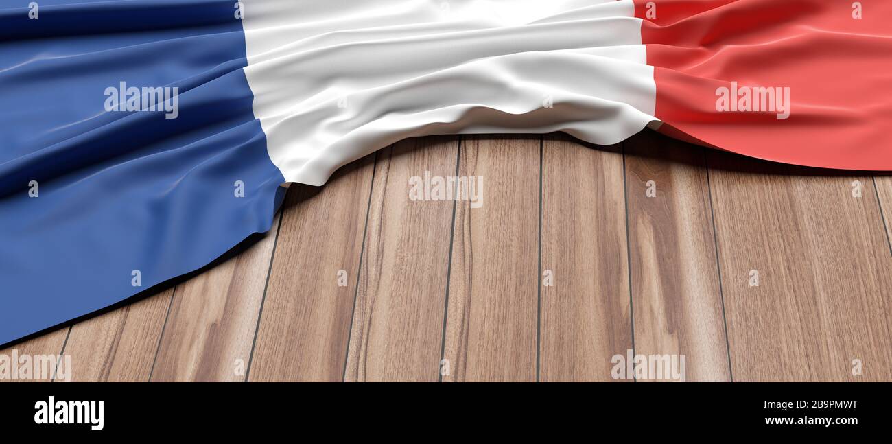 Drapeau de la France. Symbole de signe français placé sur fond de table en bois. France nation, langue, concept culturel, espace de copie, maquette de modèle. illustrateur en relief Banque D'Images