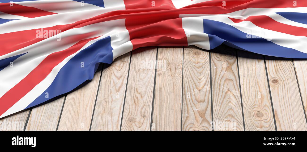 Drapeau britannique. Symbole du signe du royaume-uni placé sur fond de table en bois. Grande-Bretagne langue, concept de culture, espace de copie, maquette de modèle. 3 en 1 Banque D'Images