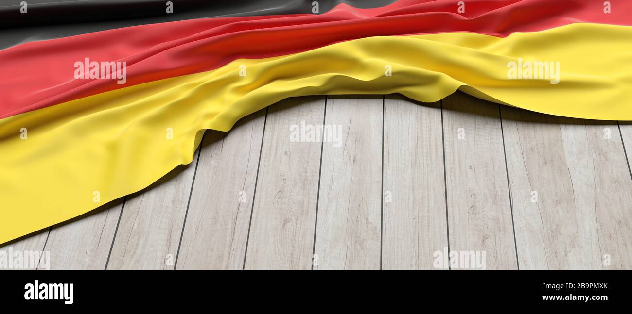 Drapeau de l'Allemagne. Symbole allemand placé sur fond de table en bois. Allemagne nation, langue, concept culturel, espace de copie, maquette de modèle. 3 mm de lustré Banque D'Images