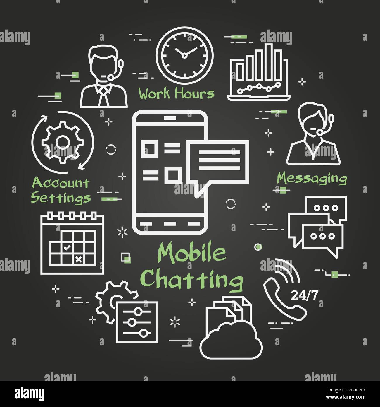 Vector Black concept de support en ligne - icône de discussion mobile Illustration de Vecteur