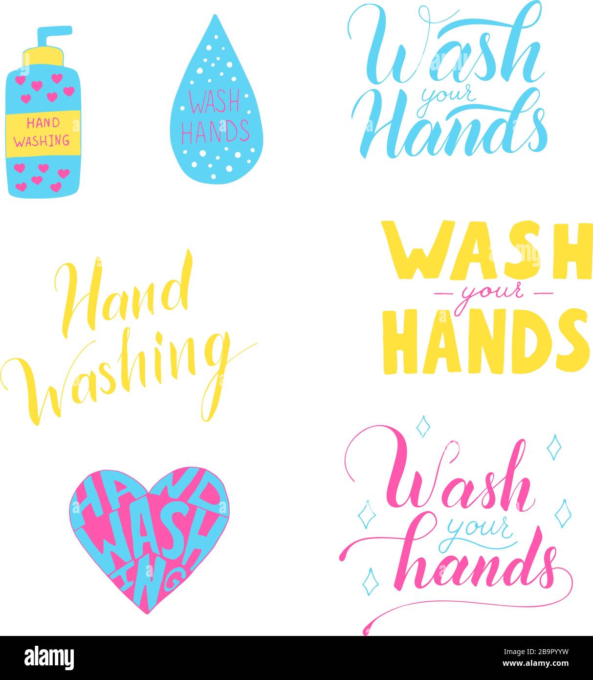 Jeu d'illustrations vectorielles pour le lavage des mains isolées sur fond blanc. Affiche sur l'hygiène. Toilettes ou salle de bains, citation. Mesure de sécurité contre les virus et les bactéries. Doodle dessiné à la main Illustration de Vecteur