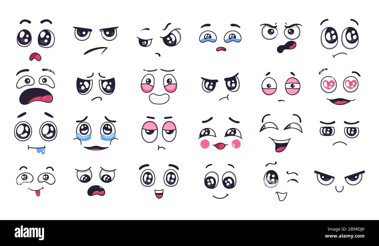 Visages rigoles. Expressions du visage, humeur heureuse et triste. Rire aux larmes visage, sourire la bouche et pleurer les yeux. Doodle divers humeurs vecteur illust Banque D'Images