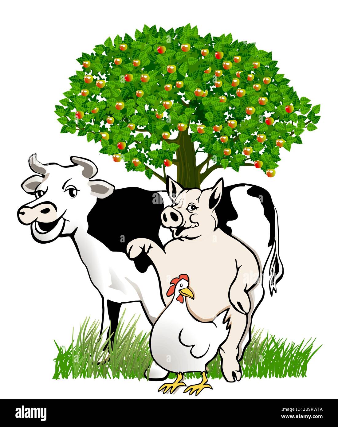 Dessin animé d'une vache, d'un porc, d'un poulet, debout ensemble Illustration de Vecteur