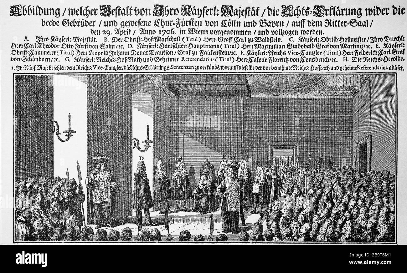 L'empereur Joseph I déclare l'exil impérial contre les électeurs Joseph Clemens de Cologne et Max Emanuel de Bavière, 29 avril 1706, Joseph I (* 26 juillet 1678; † 17 avril 1711) fut prince de la Maison des Habsbourg et de 1705 à 1711 Empereur du Saint Empire romain, roi de Bohême, Croatie et Hongrie / Kaiser Joseph I. erklärt die Reichsacht WIDER die Kurfürstendamm Joseph Clemens von Köln und Max Emanuel von Bayern, 29. Avril 1706, Joseph I. (* 26. Juli 1678 ; † 17. Avril 1711) guerre in Fürst aus dem Hause Habsburg und von 1705 bis 1711 Kaiser des Heiligen Römischen Reiches, König von Böhmen, Banque D'Images