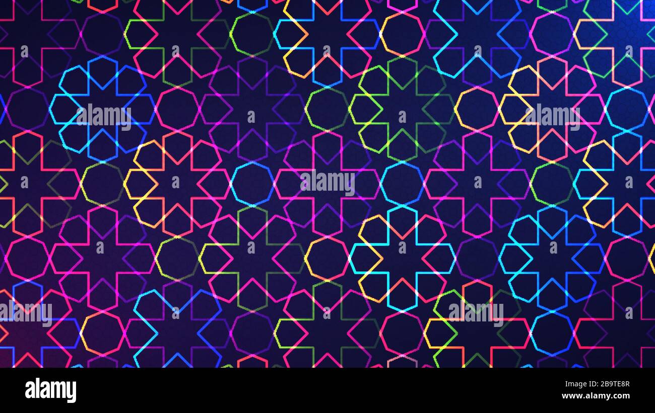 EID Mubarak mosaïque fond. Illustration vectorielle d'un fond lumineux abstrait avec un motif islamique géométrique coloré au néon brillant Illustration de Vecteur