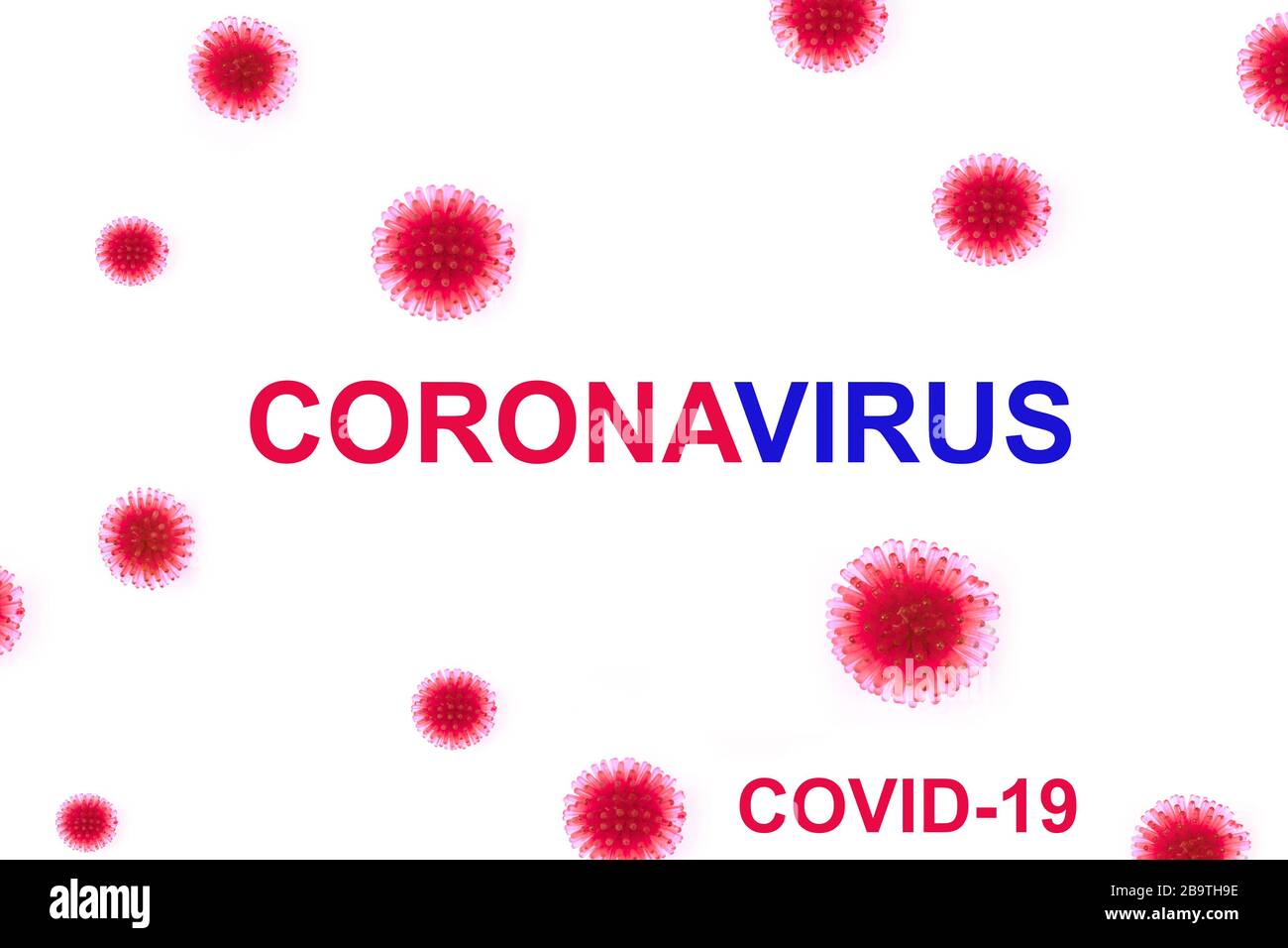 Modèle abstrait d'une souche de coronavirus infection COVID-19 avec texte bleu et rouge sur fond blanc, risque de pandémie. Banque D'Images