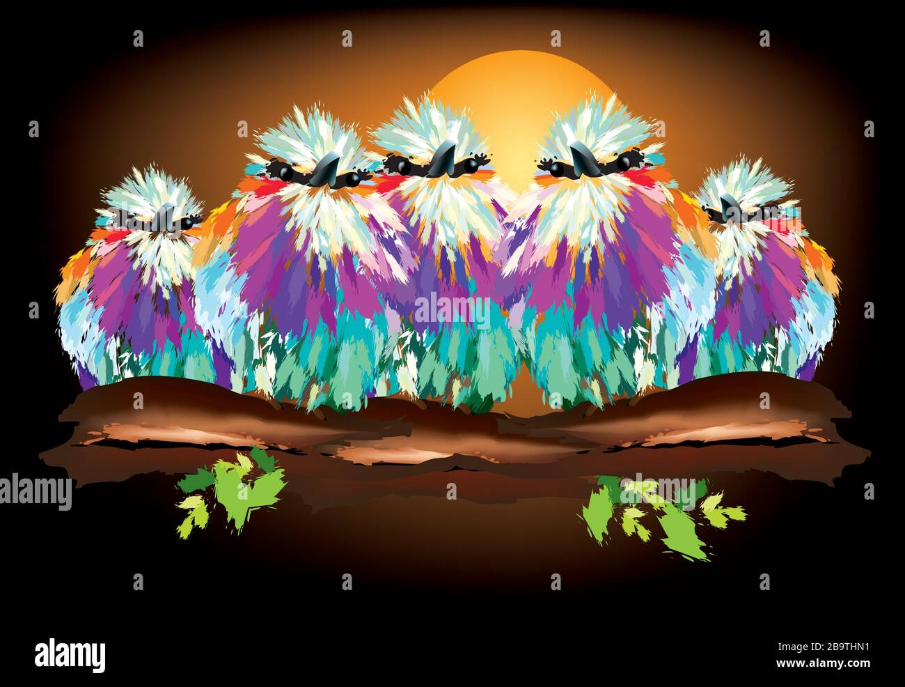 Groupe d'oiseaux perçant sur la branche de l'arbre de beaux rouleaux de brise lilas perçant sur la branche de l'arbre Illustration de Vecteur