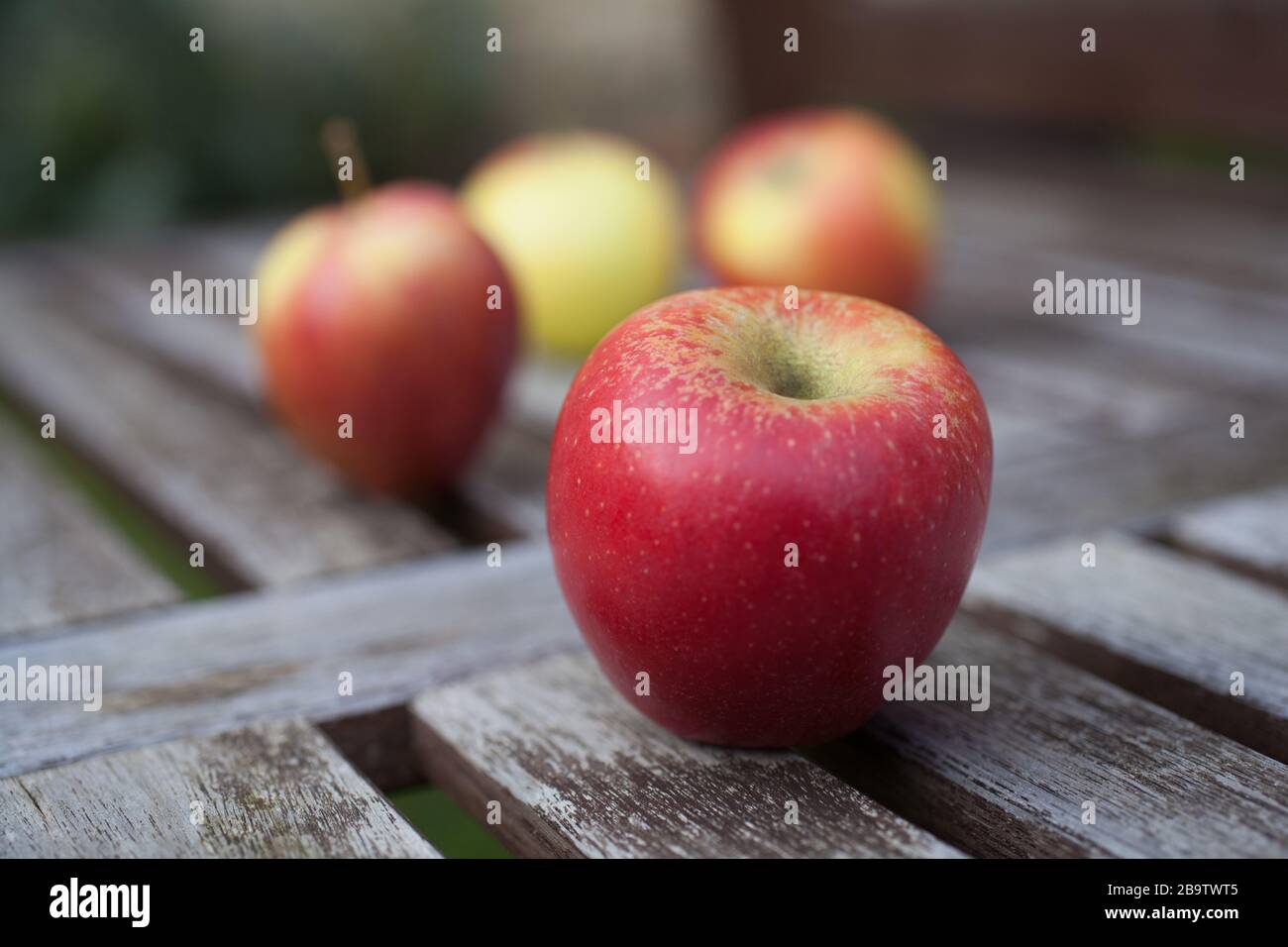 Pommes rouges dans un cadre rustique extérieur en bois Banque D'Images