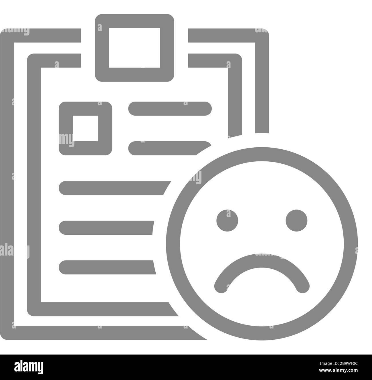 Document avec icône de ligne de face triste. Retour négatif, désapprobation, symbole de rejet Illustration de Vecteur