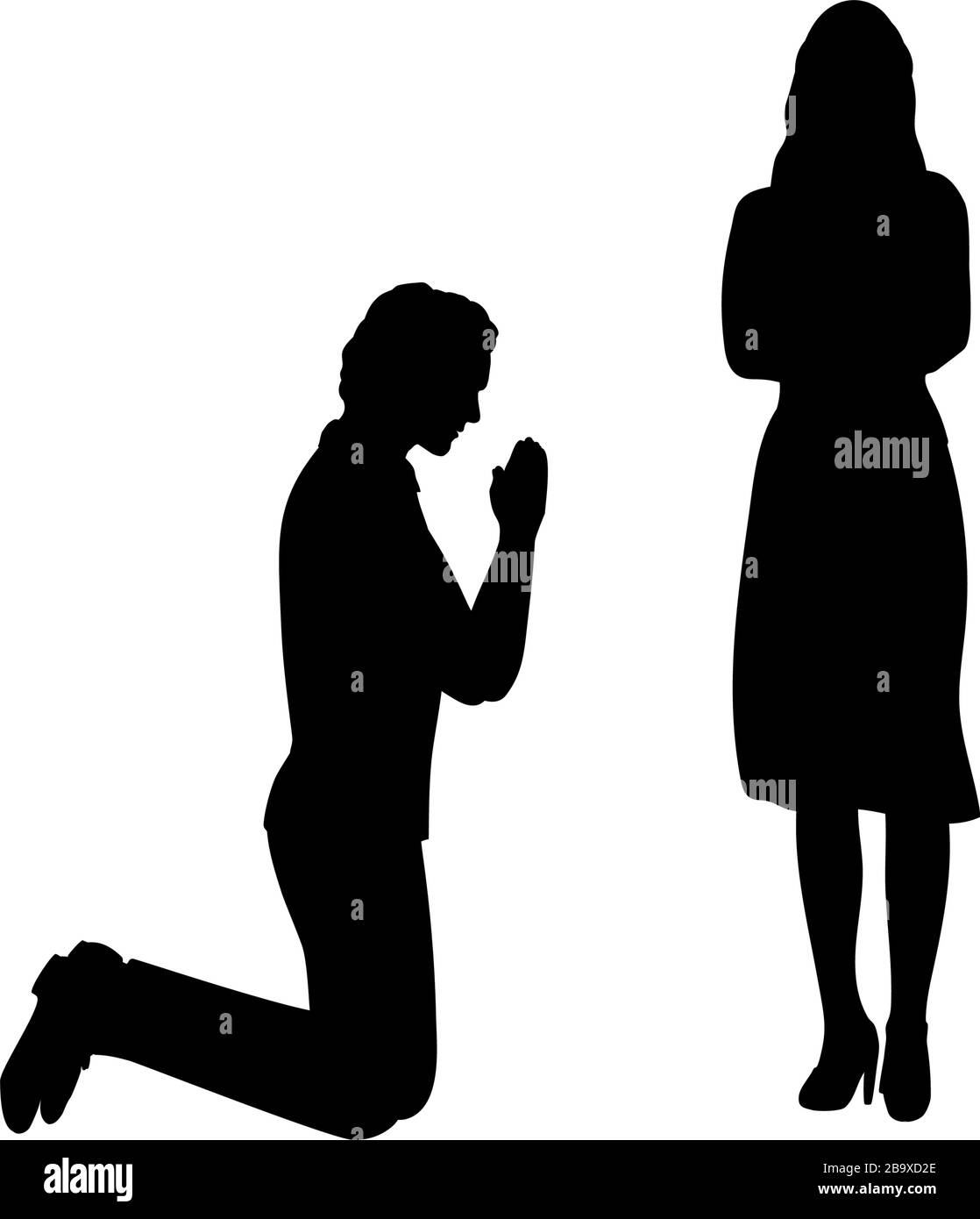 Silhouette de l'homme supplie sur ses genoux devant la femme Illustration de Vecteur