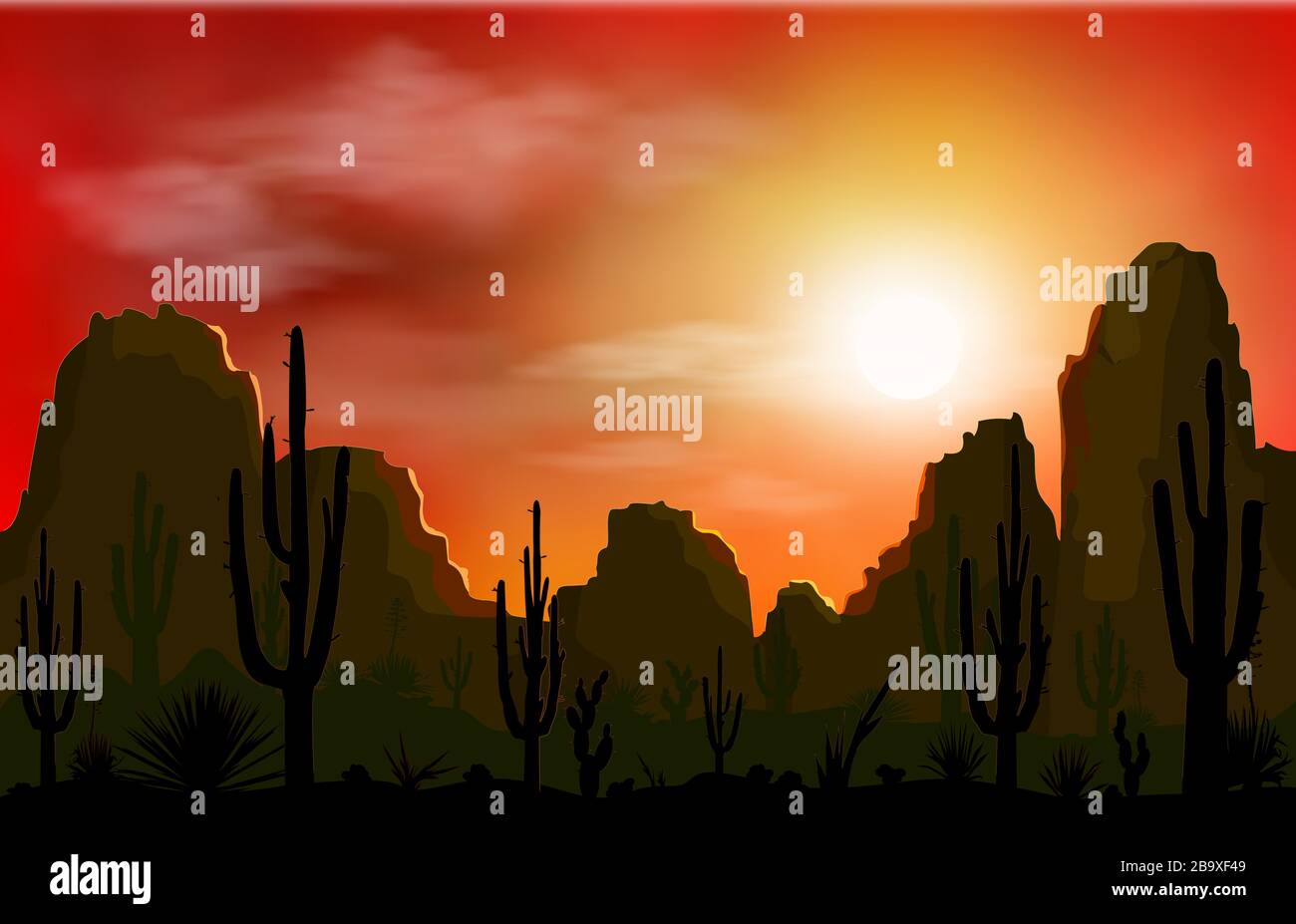 Désert de pierre, montagnes. Silhouettes de pierres, cactus et plantes. Paysage désertique avec cactus. Coucher de soleil. Illustration de Vecteur