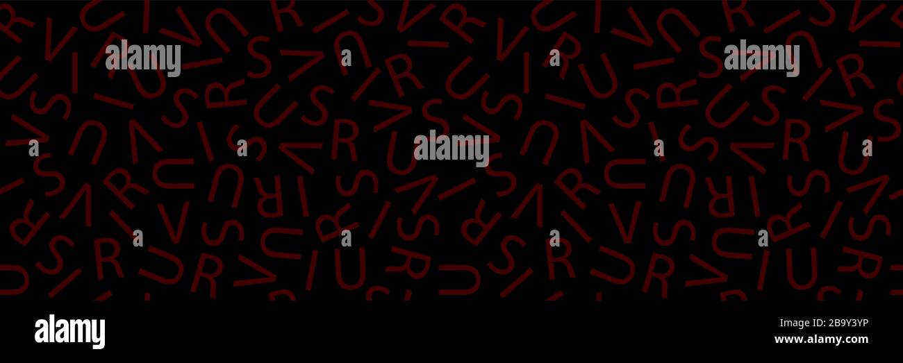 Virus. Modèle d'en-tête transparent des lettres du mot « virus » ; arrière-plan typographique. Variation en noir et rouge foncé. Illustration de Vecteur