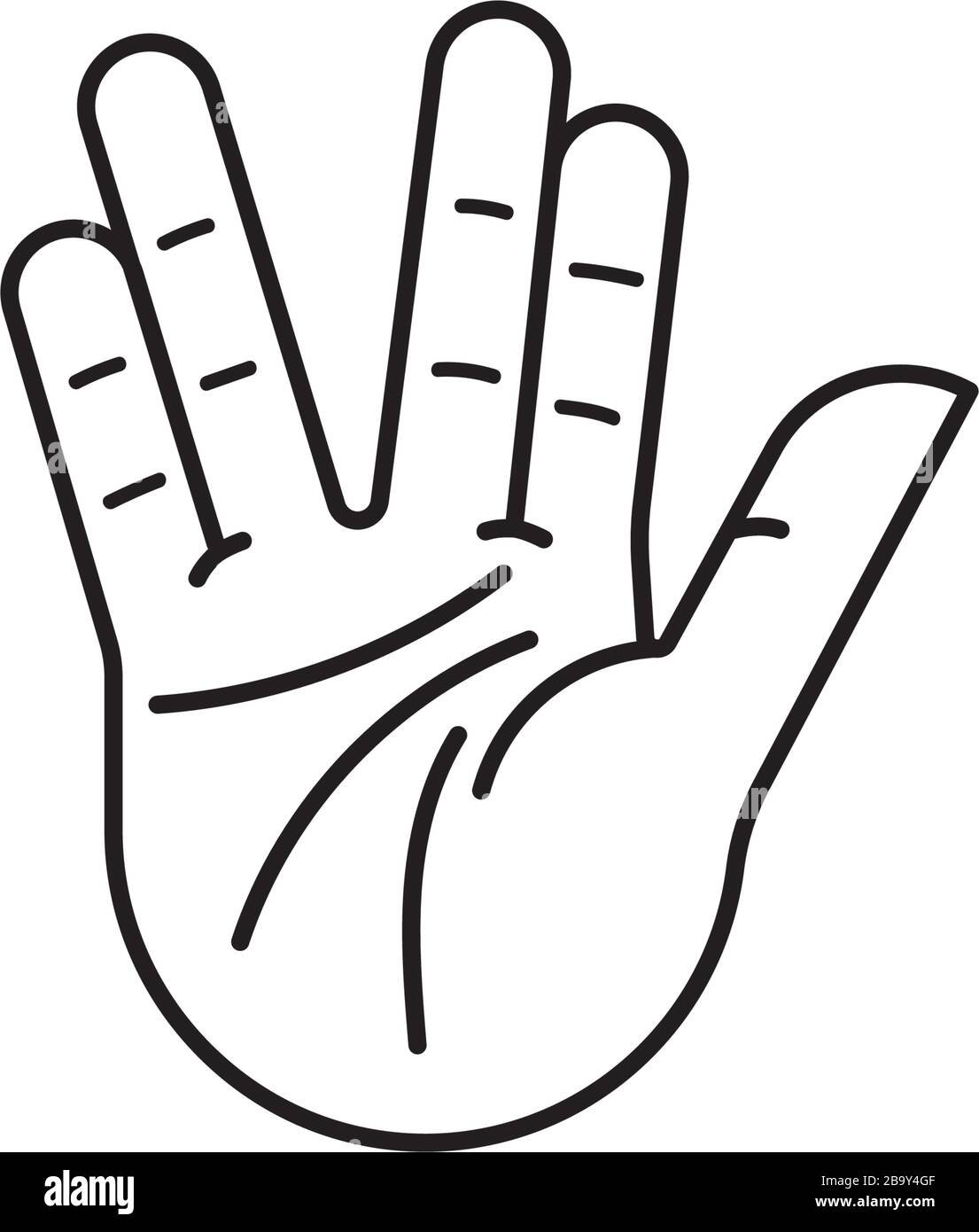 Vulcan salue l'icône de ligne vectorielle de geste de la main. Symbole de l'appréciation de la science-fiction. Illustration de Vecteur