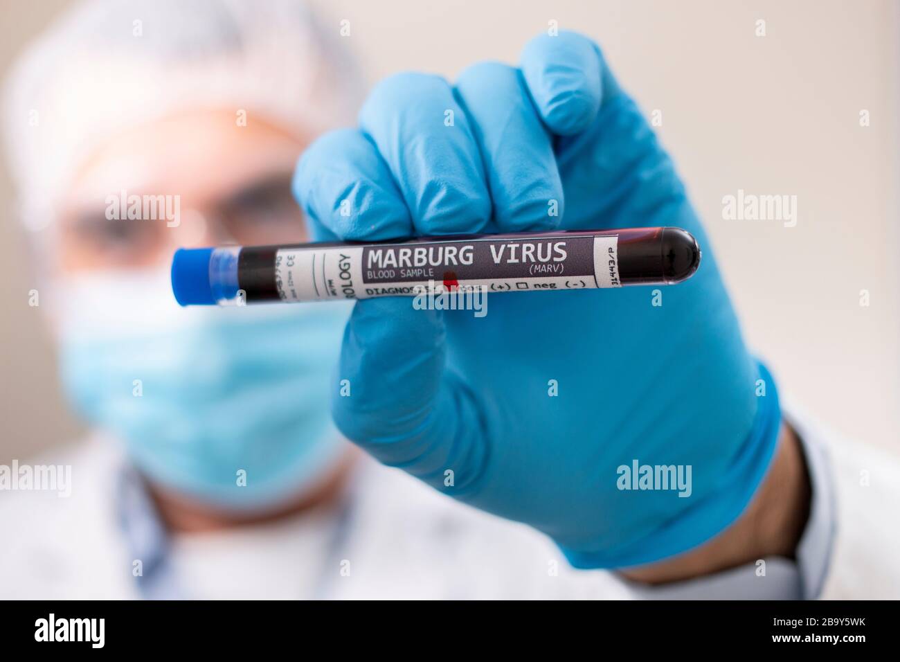 Vue d'un médecin qui possède un échantillon de sang de tube à essai fictif, infecté par le virus marburg. Banque D'Images