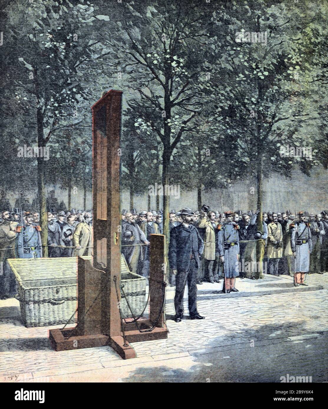 Guillotine exécution des meurtriers Doré et Berland en dehors de la prison de la Roquette Paris France 1891. Vintage ou ancienne illustration Banque D'Images