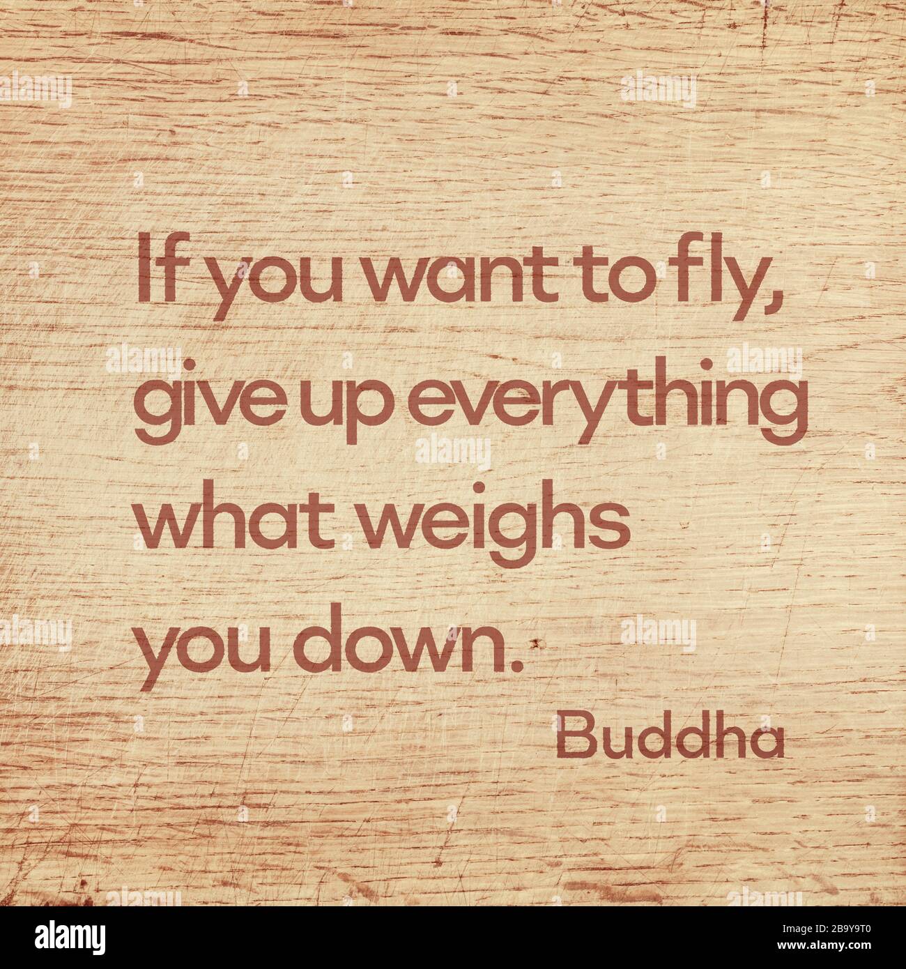 Si vous voulez voler, abandonnez tout ce qui vous pèse vers le bas - célèbre citation de Gautama Bouddha imprimé sur la planche en bois de grunge Banque D'Images