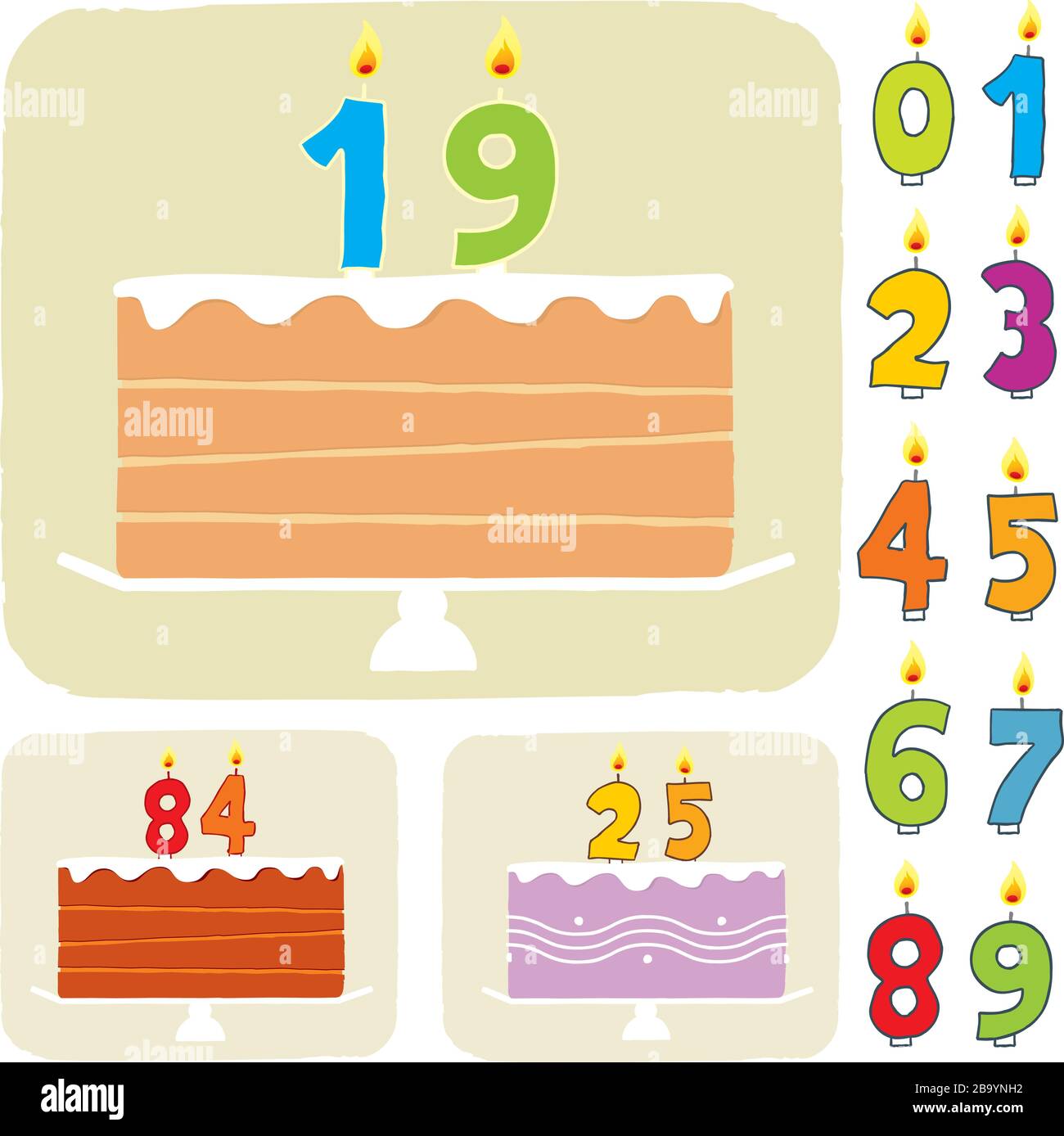 Illustration vectorielle. Gâteau d'anniversaire avec tous les numéros bougies. Illustration de Vecteur