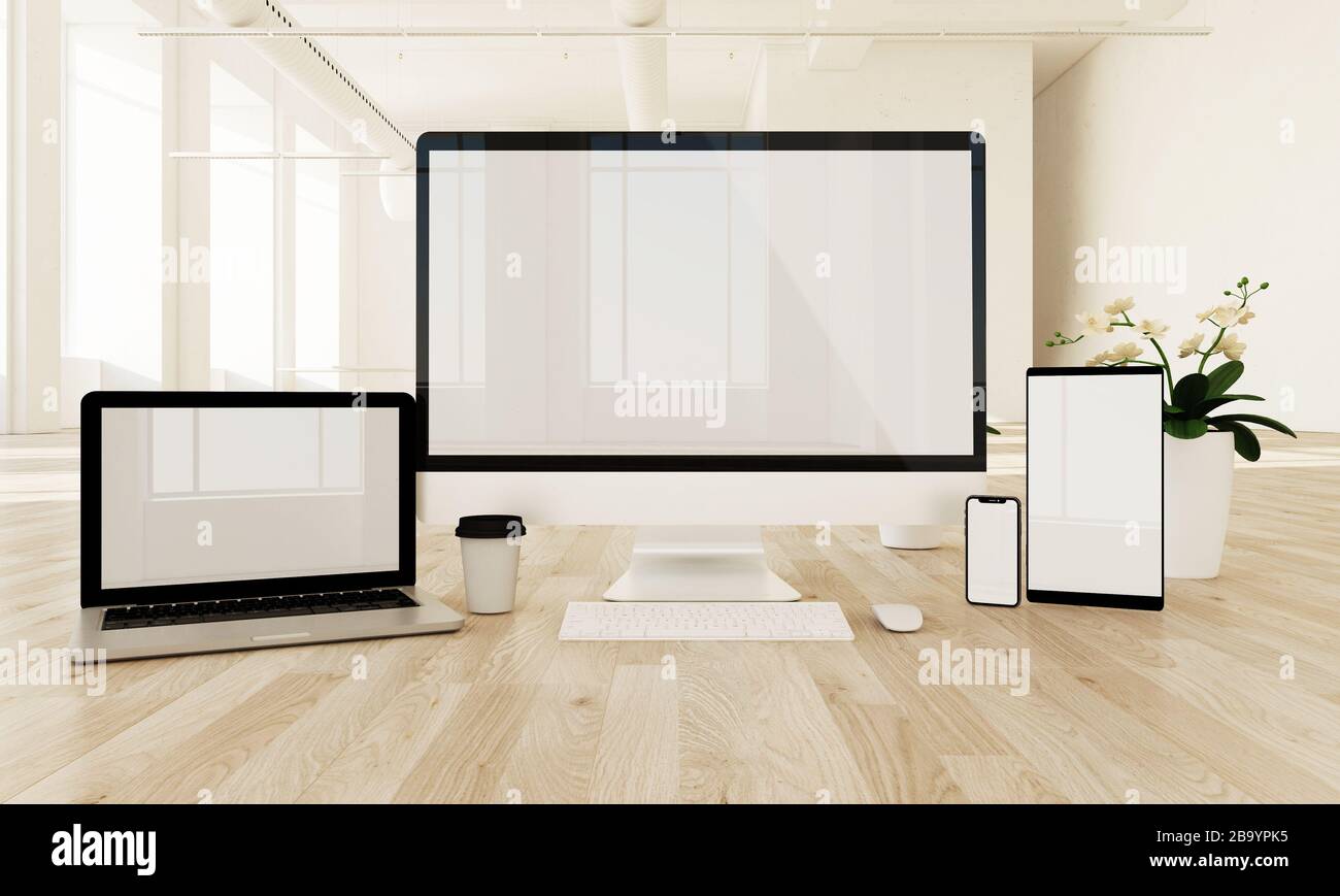 Des appareils réactifs sur le sol avec un rendu en 3 dimensions à écran blanc Banque D'Images