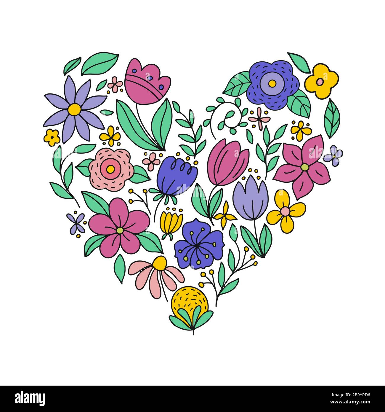 Illustration vectorielle lumineuse - un coeur, rempli de fleurs roses et bleues. Pour la conception de cartes postales, affiches, imprimés sur t-shirt, couvertures d'ordinateurs portables Illustration de Vecteur