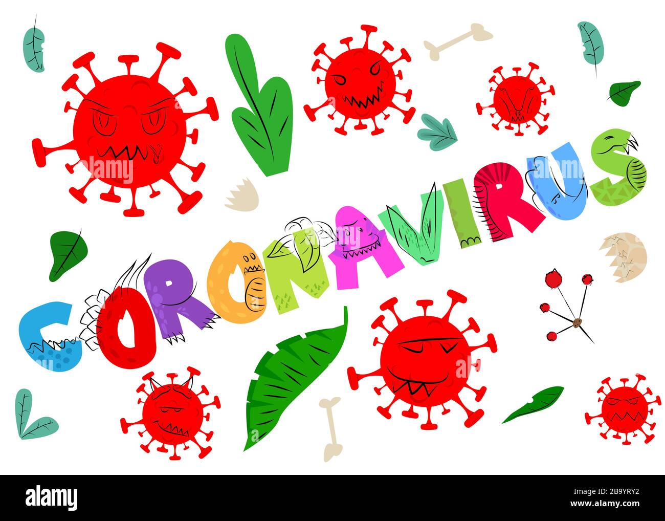 Panneau de dessin animé de Coronavirus avec lettres de dinosaure. Carte abstraite pour les enfants. Illustration de Vecteur