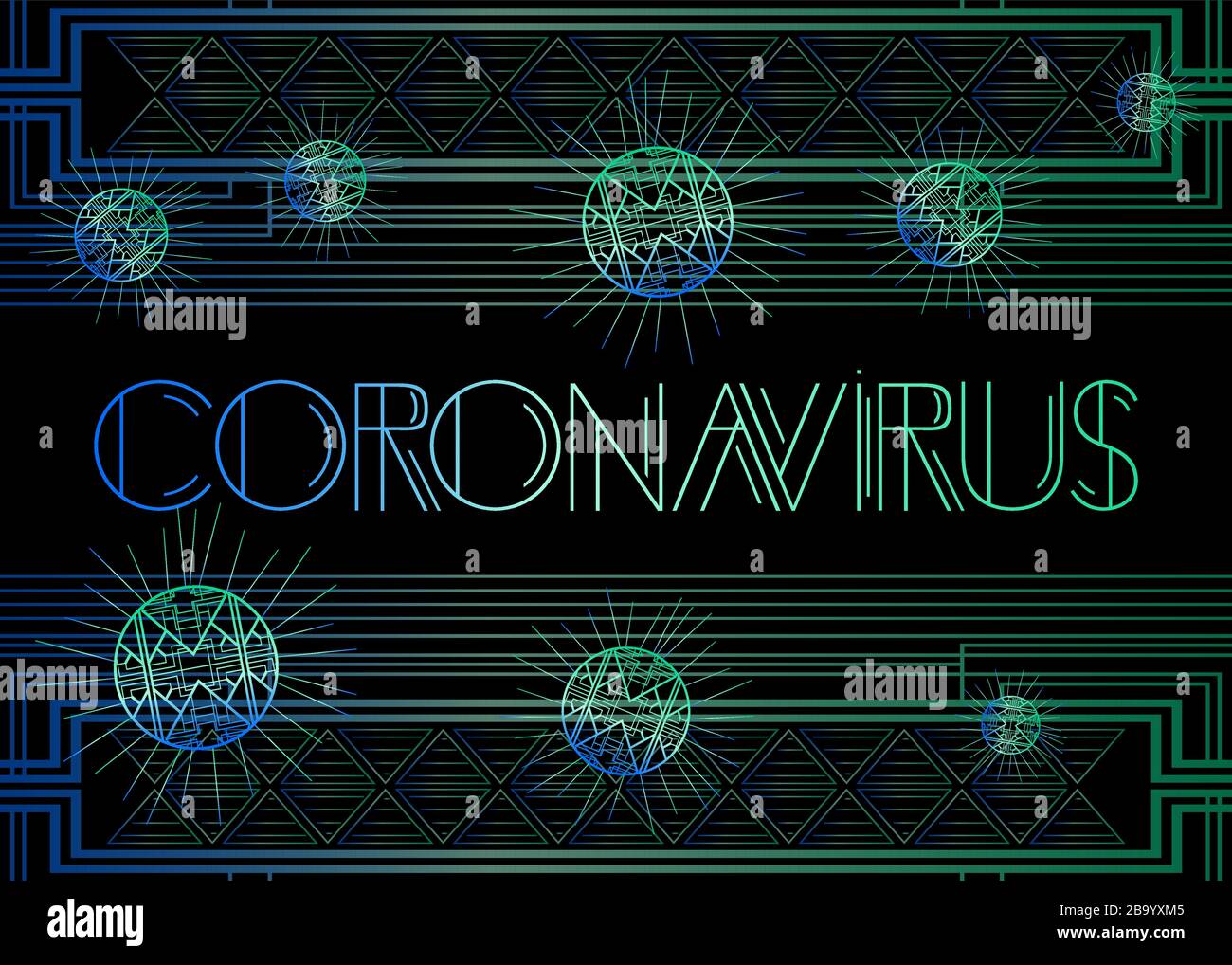 Texte du Coronavirus art déco. Carte de vœux décorative, signe avec des lettres anciennes. Illustration de Vecteur