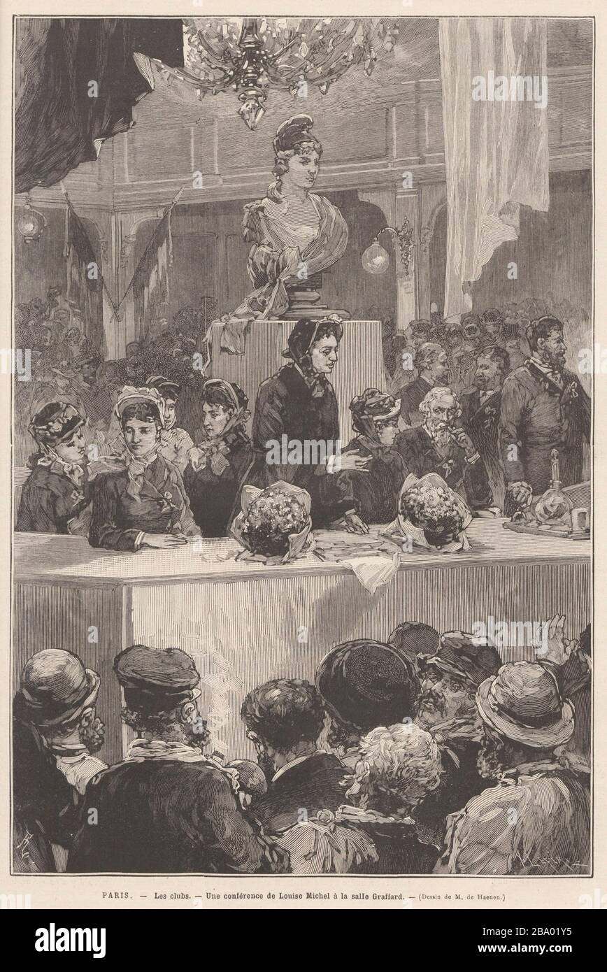 English : Paris.—les clubs.—une conférence de Louise Michel à la salle  Graffard.— (Dessin de M. de Haenen.); 11 décembre 1880; (1880-12-11). Une  conférence de Louise Michel à la salle Graffard. Le Monde