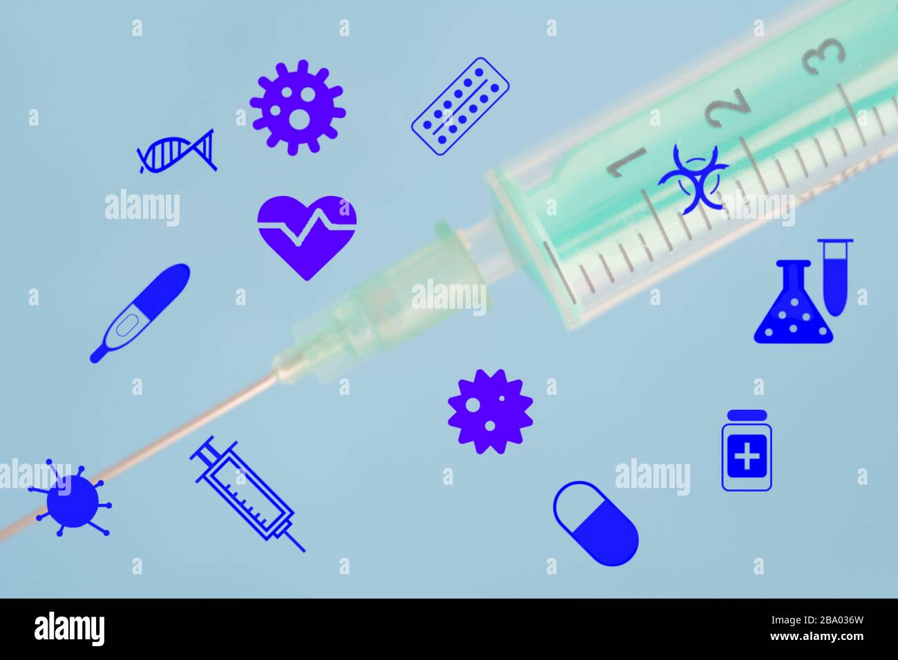 Émoticone icônes symbole médical de santé sur le fond d'une seringue jetable médicale. Concept de santé et d'assurance médicale Banque D'Images