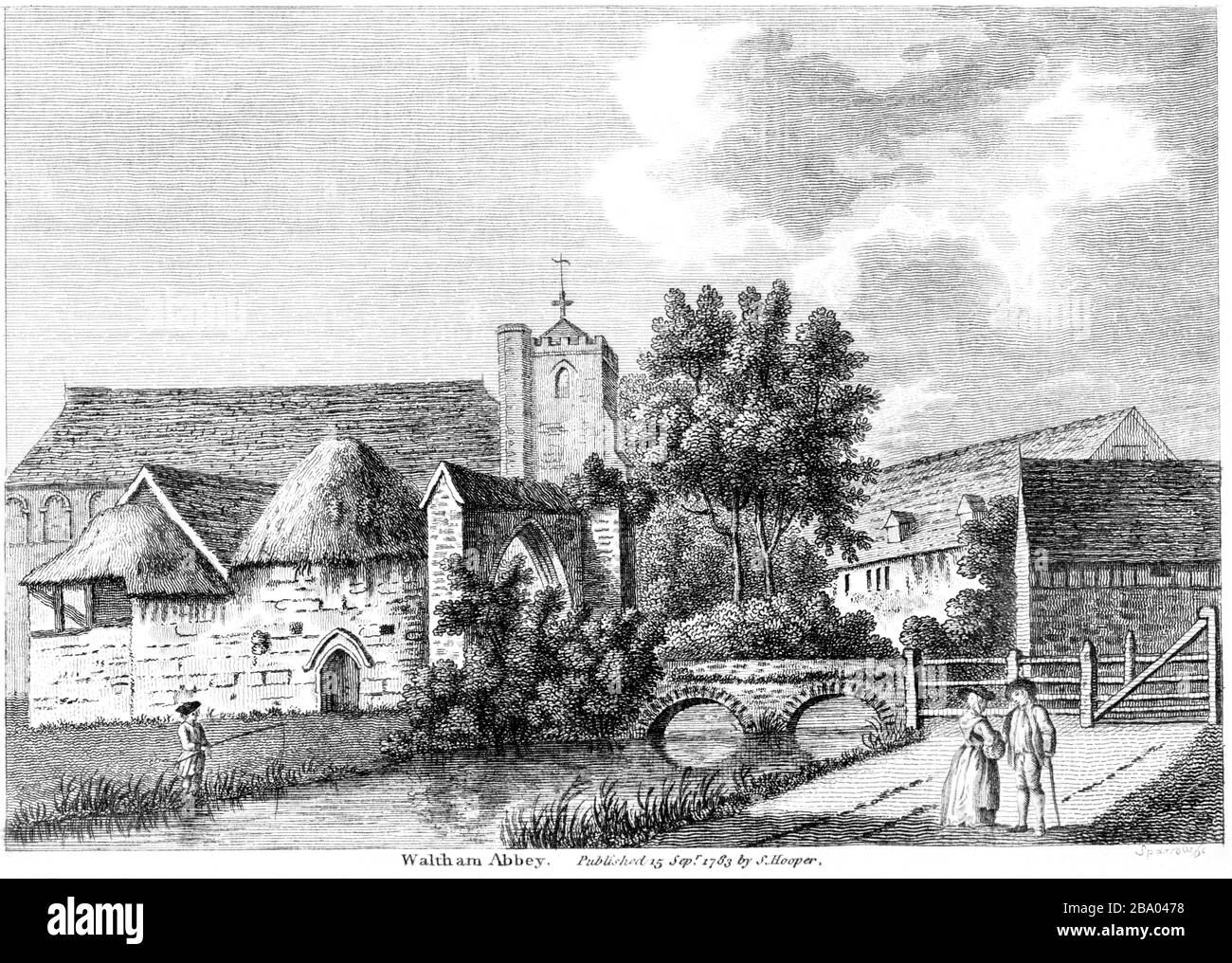 Une gravure de Waltham Abbey 1783 numérisée à haute résolution à partir d'un livre publié vers 1786. Cette image est considérée comme étant libre de tous les droits d'auteur. Banque D'Images
