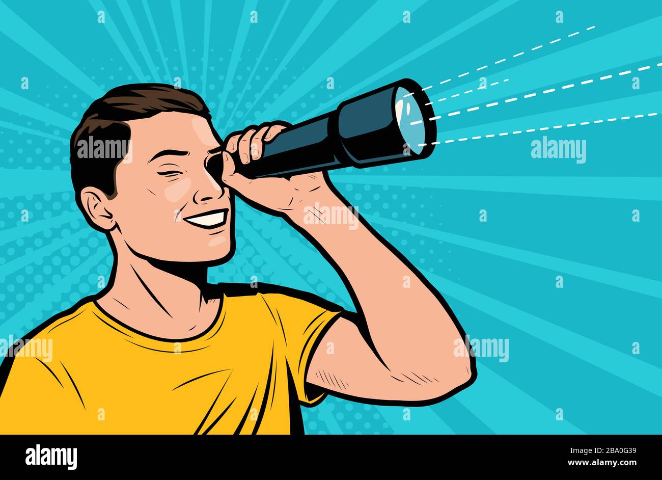 Homme heureux regardant à travers le spyglass. Illustration vectorielle d'art pop rétro Illustration de Vecteur