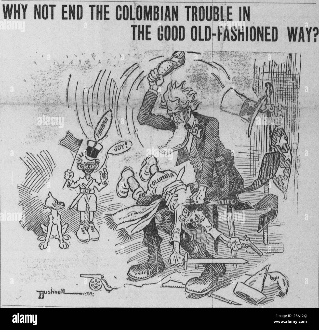 English: Dans ce dessin animé par E.A. Bushnell,Oncle Sam (États-Unis  d'Amérique) est montré spaner une Colombie indignée, tandis qu'un Panama  joyeux regarde.; 5 janvier 1904;  http://chroniclingamerica.loc.gov/lccn/sn88085187/1904-01-05/ed-1/seq-1 ...