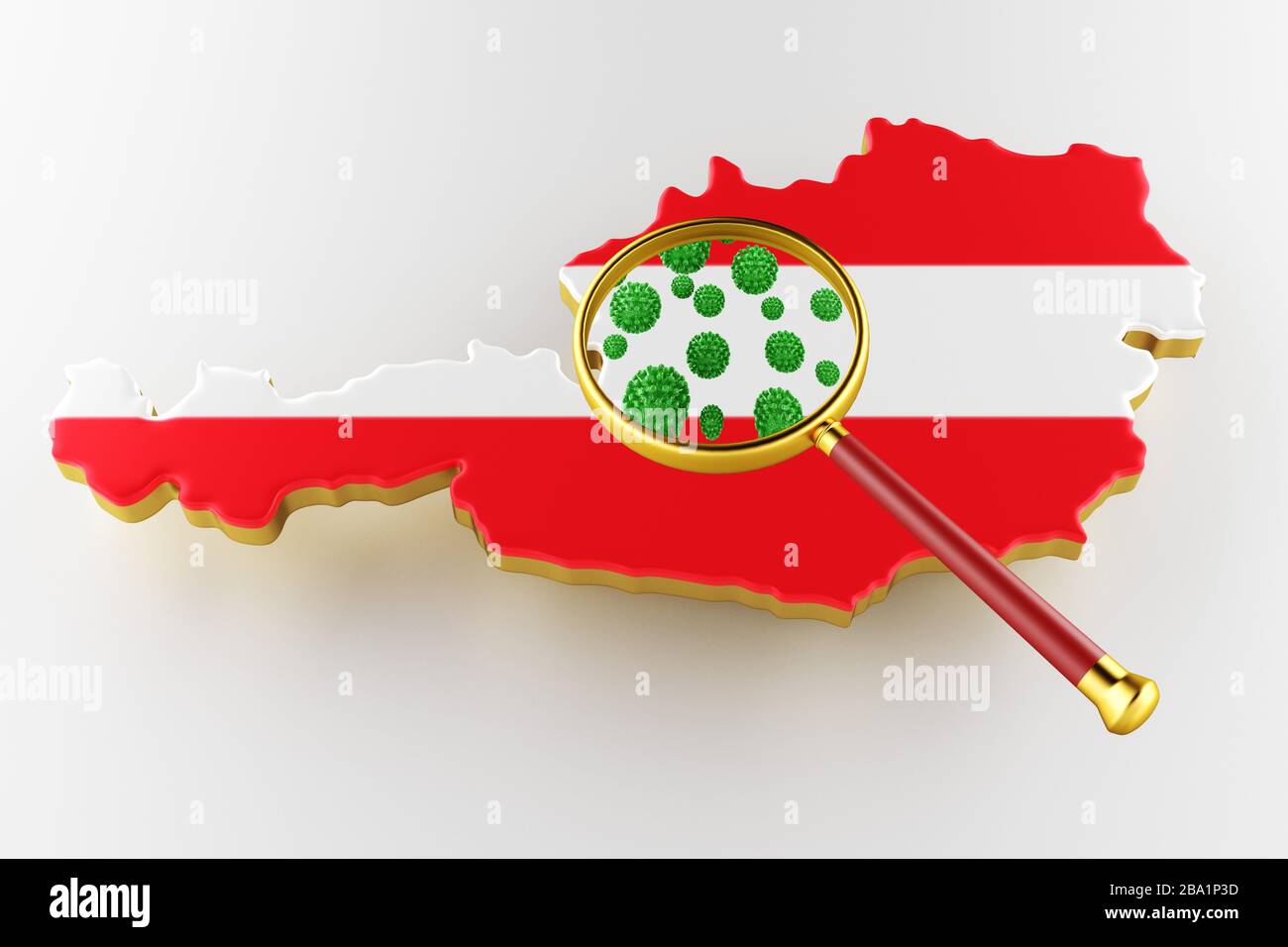 Virus avec drapeau autrichien, coronavirus, grippe coronavirus flottante, infection par le virus pandémique, grippe asiatique. Coronavirus sur le drapeau autrichien. rendu tridimensionnel Banque D'Images