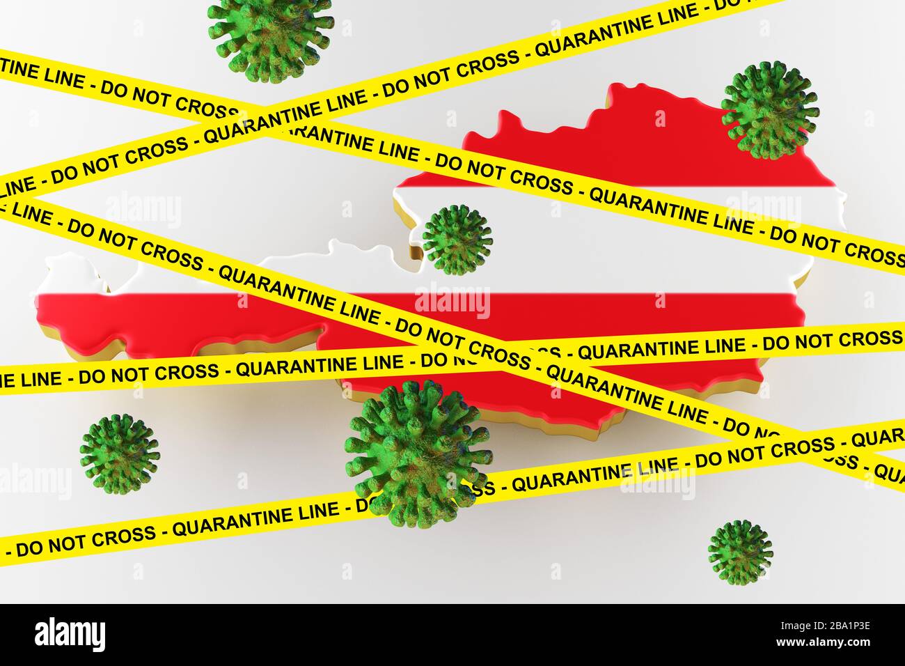 Virus avec drapeau autrichien, coronavirus, grippe coronavirus flottante, infection par le virus pandémique, grippe asiatique. Coronavirus sur le drapeau autrichien. rendu tridimensionnel Banque D'Images