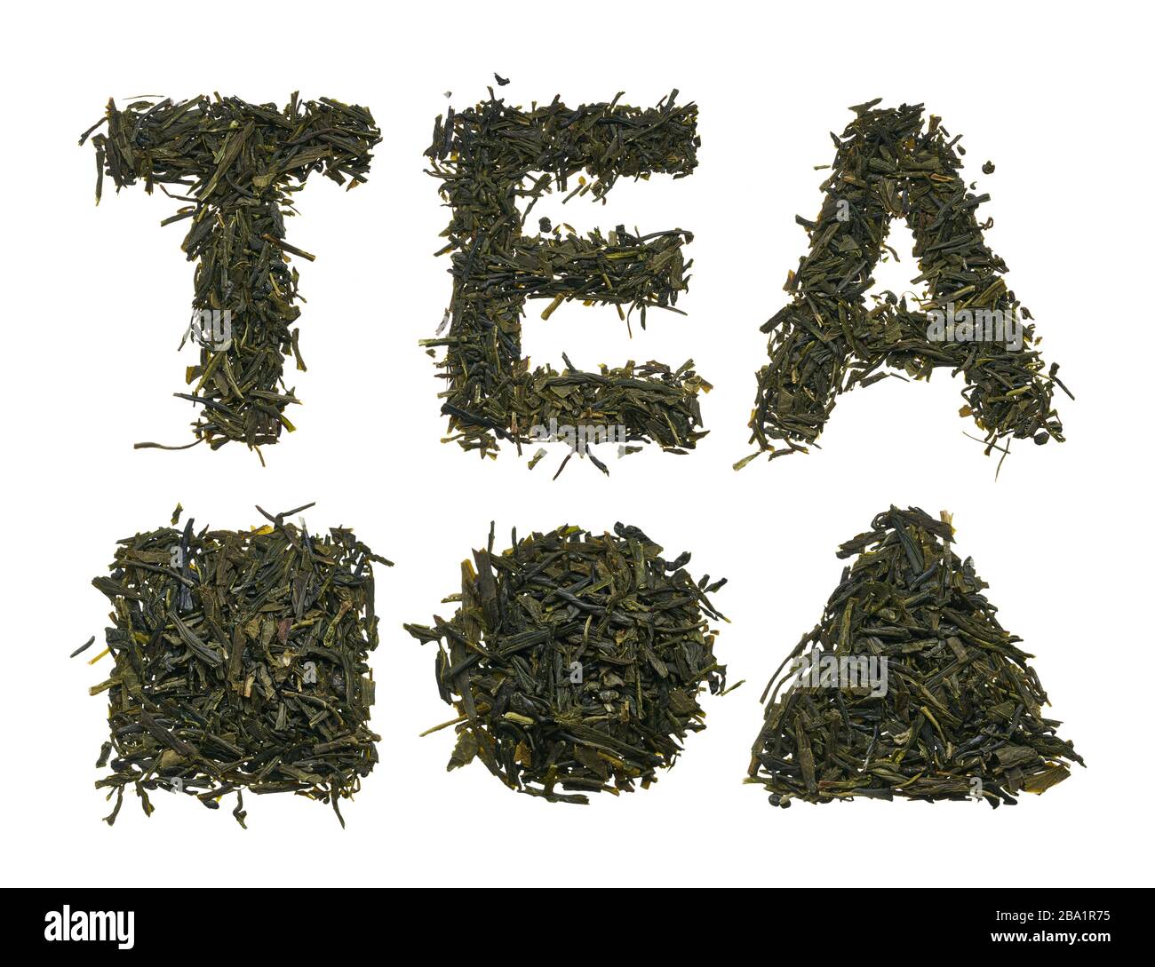 Le pochoir est fait de thé de différentes variétés. Carré, cercle et triangle en herbe sèche. Banque D'Images