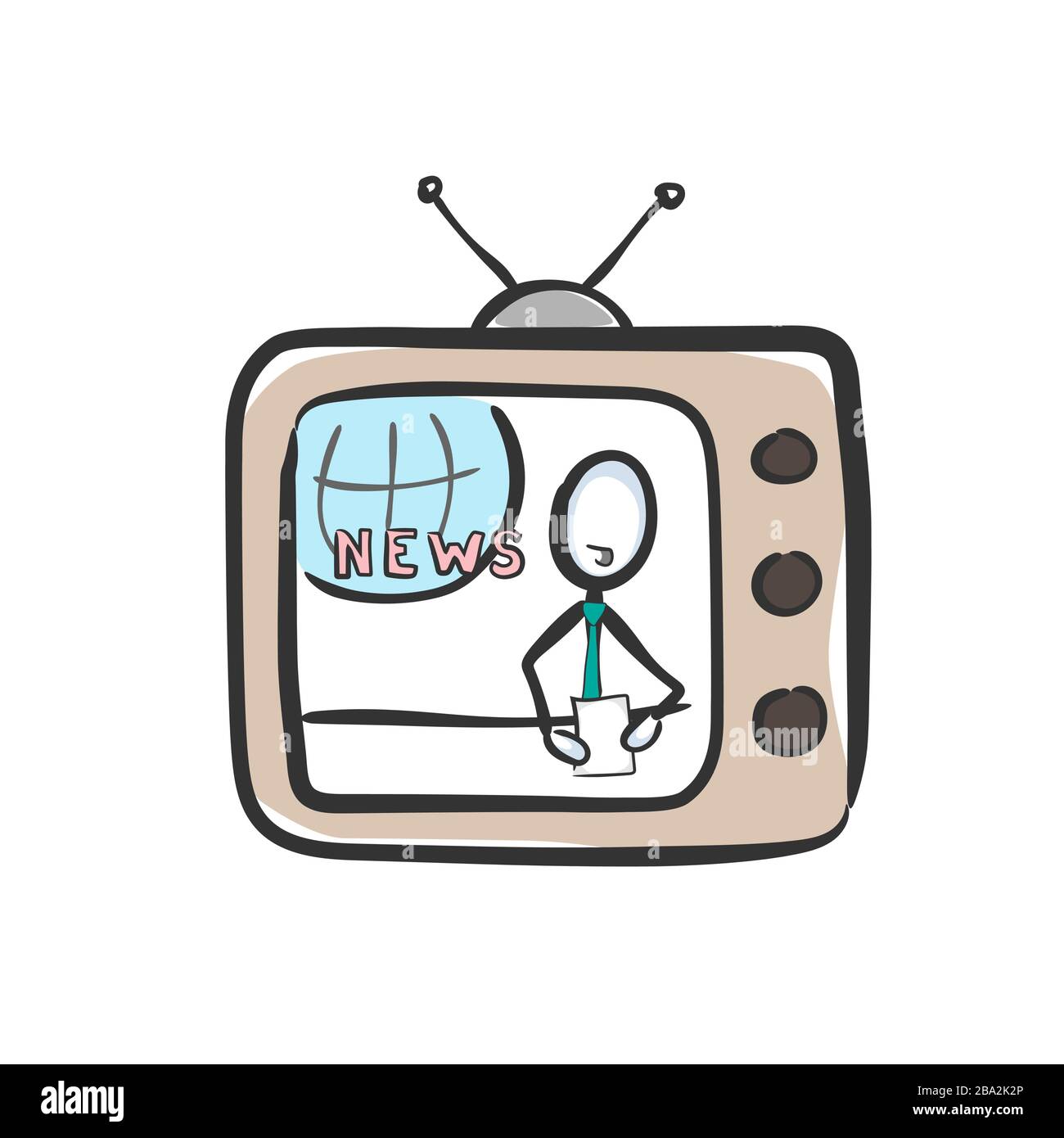 Lire les nouvelles à la télévision. Les nouvelles de la série télévisée. Les médias sociaux. Tiré à la main. Dessin animé stickman. Esquisse Doodle, illustration graphique vectorielle Illustration de Vecteur