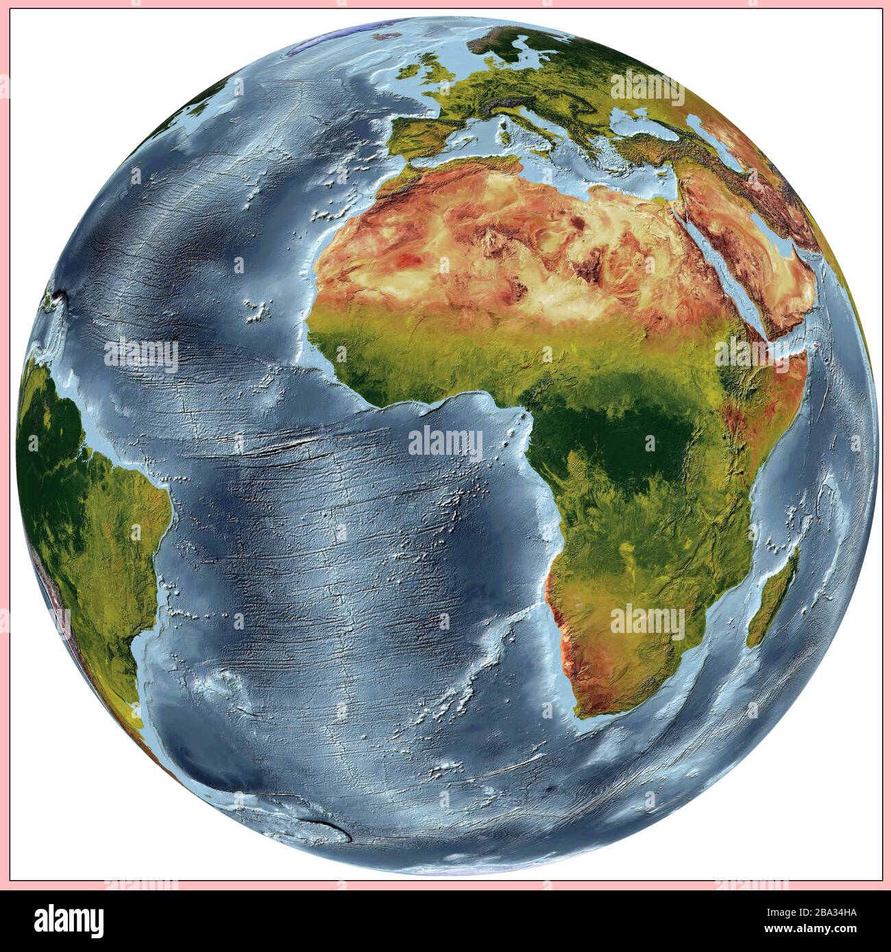 Carte mondiale de secours des continents et des océans. Les couleurs montrent les végétations des continents et des pays. Projection : perspective verticale Banque D'Images