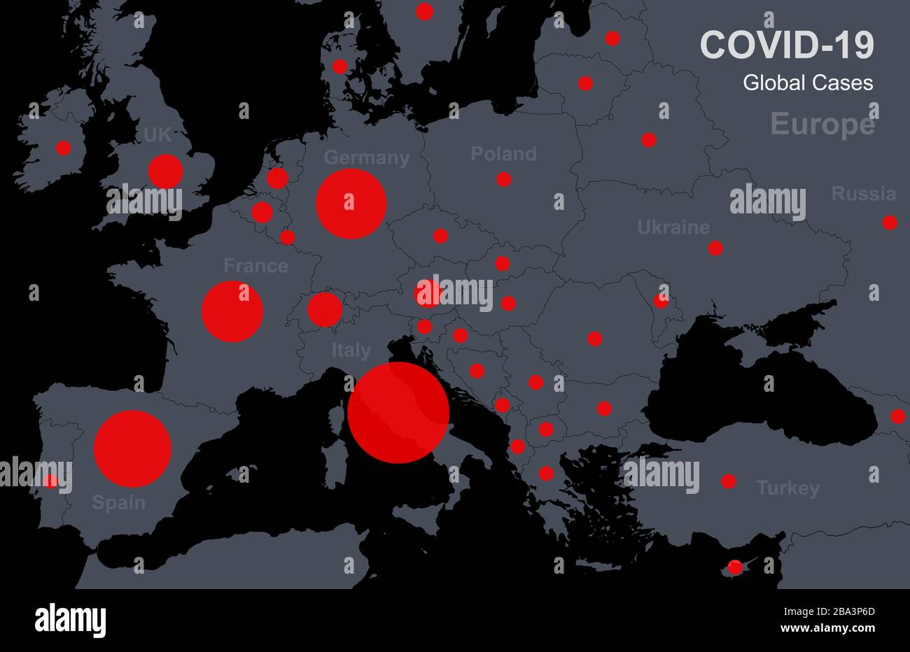 COVID-19 coronavirus en Europe, MAP a confirmé le rapport des cas avec les pays. Quarantaine mondiale due à une maladie effarante de COVID. Concept de nouveau virus corona Banque D'Images