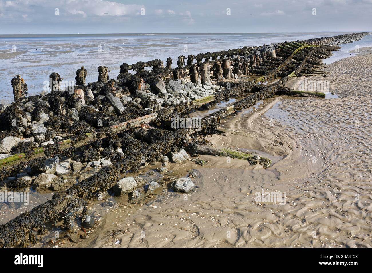 Systèmes de pistes de sauvetage sur la centrale électrique Minsener OOG, parc national de la mer des Wadden de Basse-Saxe, Allemagne Banque D'Images